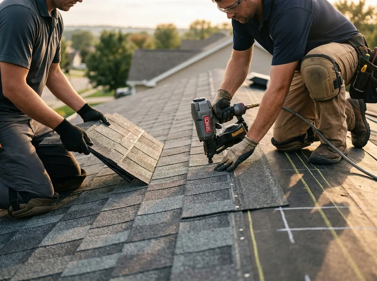 Professional roofer working on a residential roof in Fairview